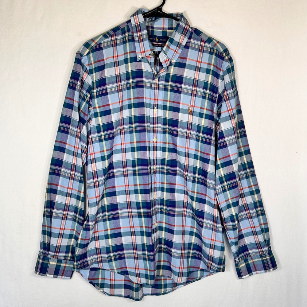 Ralph Lauren Mens Classic Fit Plaid Button Down Shirt Blue multi Med Preppy
